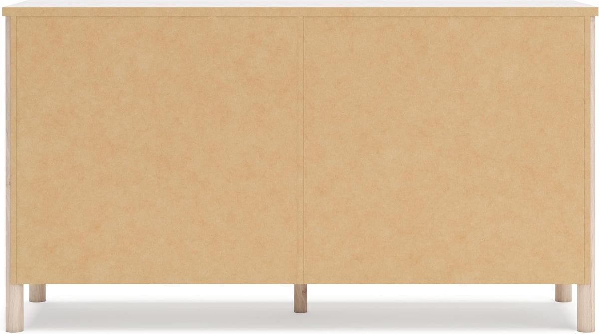 Signature Design by Ashley Cadmori Casual Bohemian Dresser with Post Legs and 6 Drawers, Replicated Marble Top, Wood, 35" High, White and Light Brown Finish