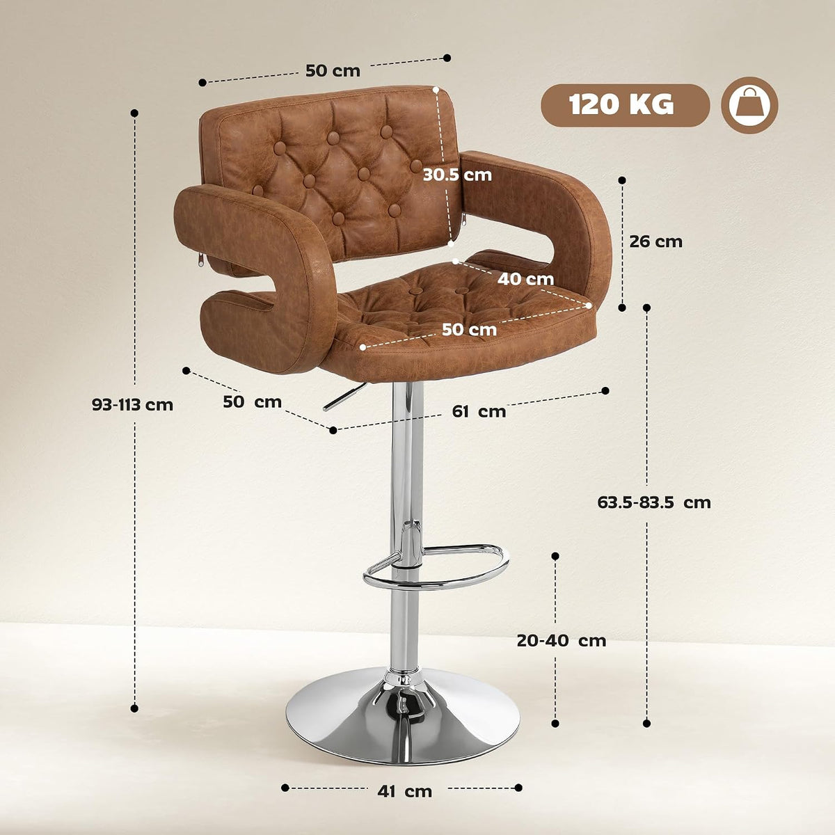 HOMCOM Bar Stool w/Wide Seat U-Shaped Armrest PU Leather, Brown