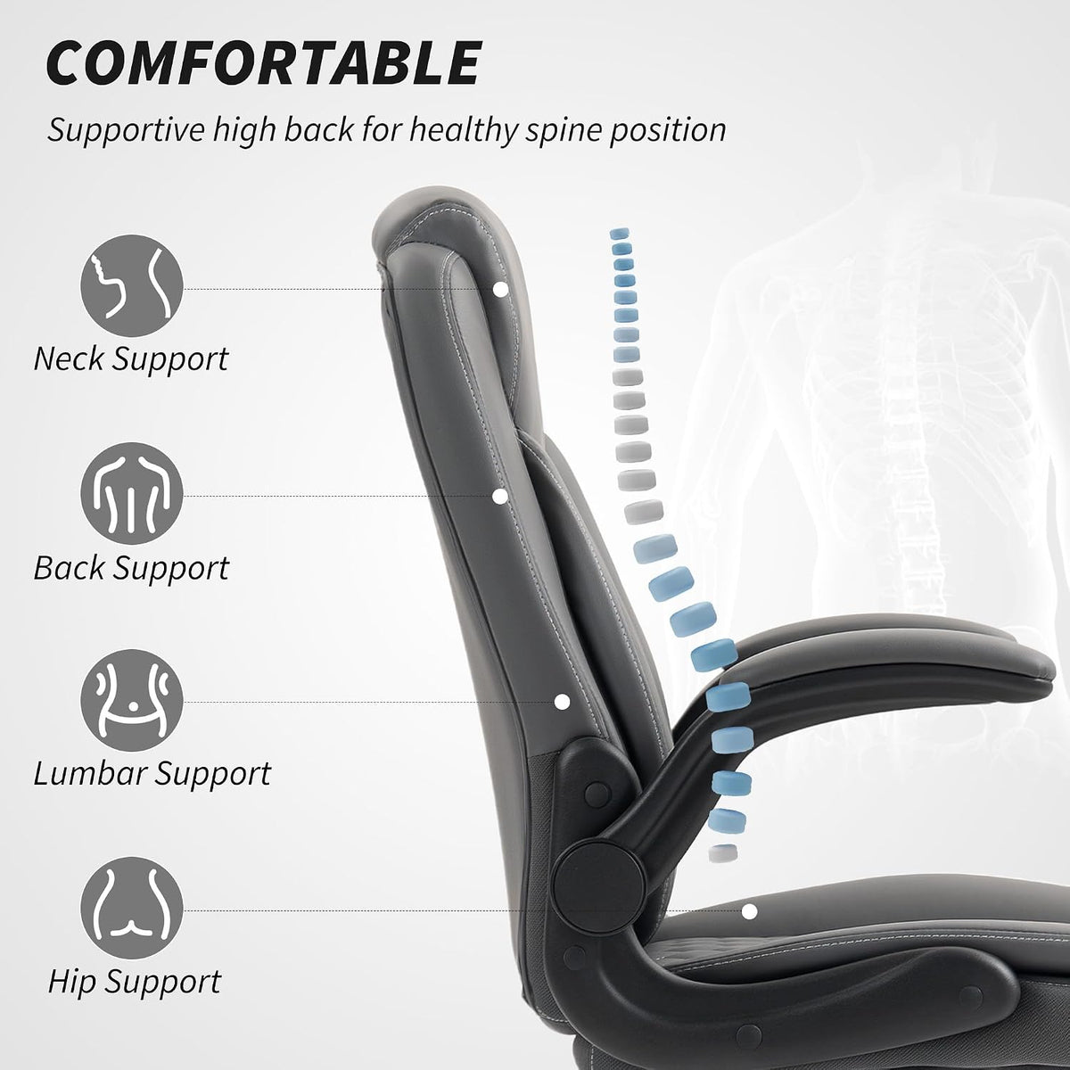 HOMCOM Executive Office Chair with Flip-Up Armrests for Home Charcoal Grey
