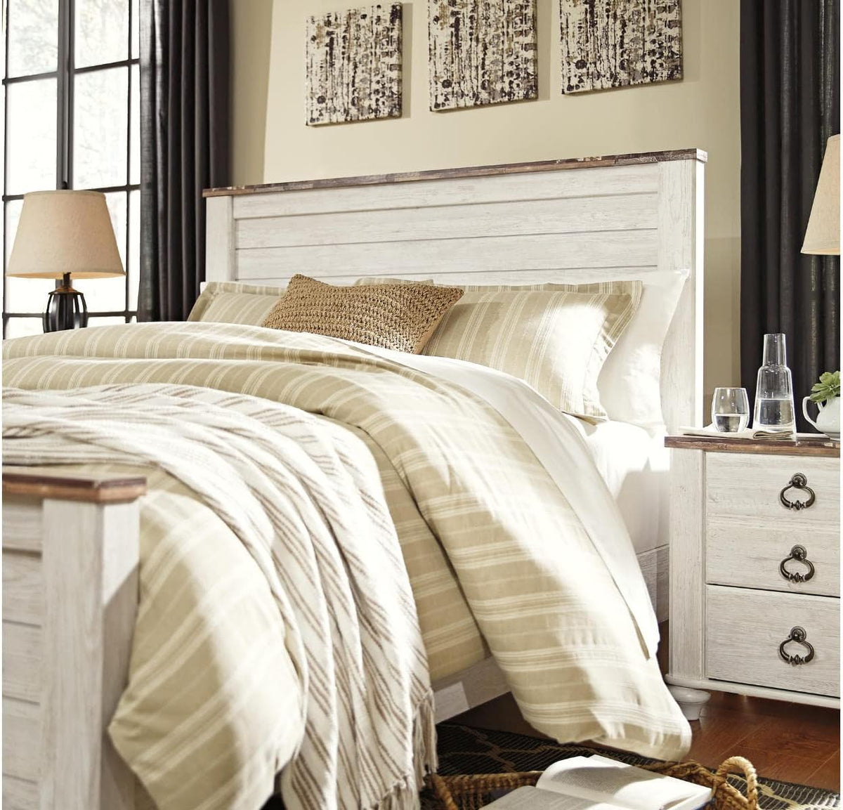 Signature Design by Ashley Coastal Queen Panel Headboard, Whitewash | Engineered wood rustic queen headboard, Farmhouse headboard queen option with built-in USB chargers, Willowton Series