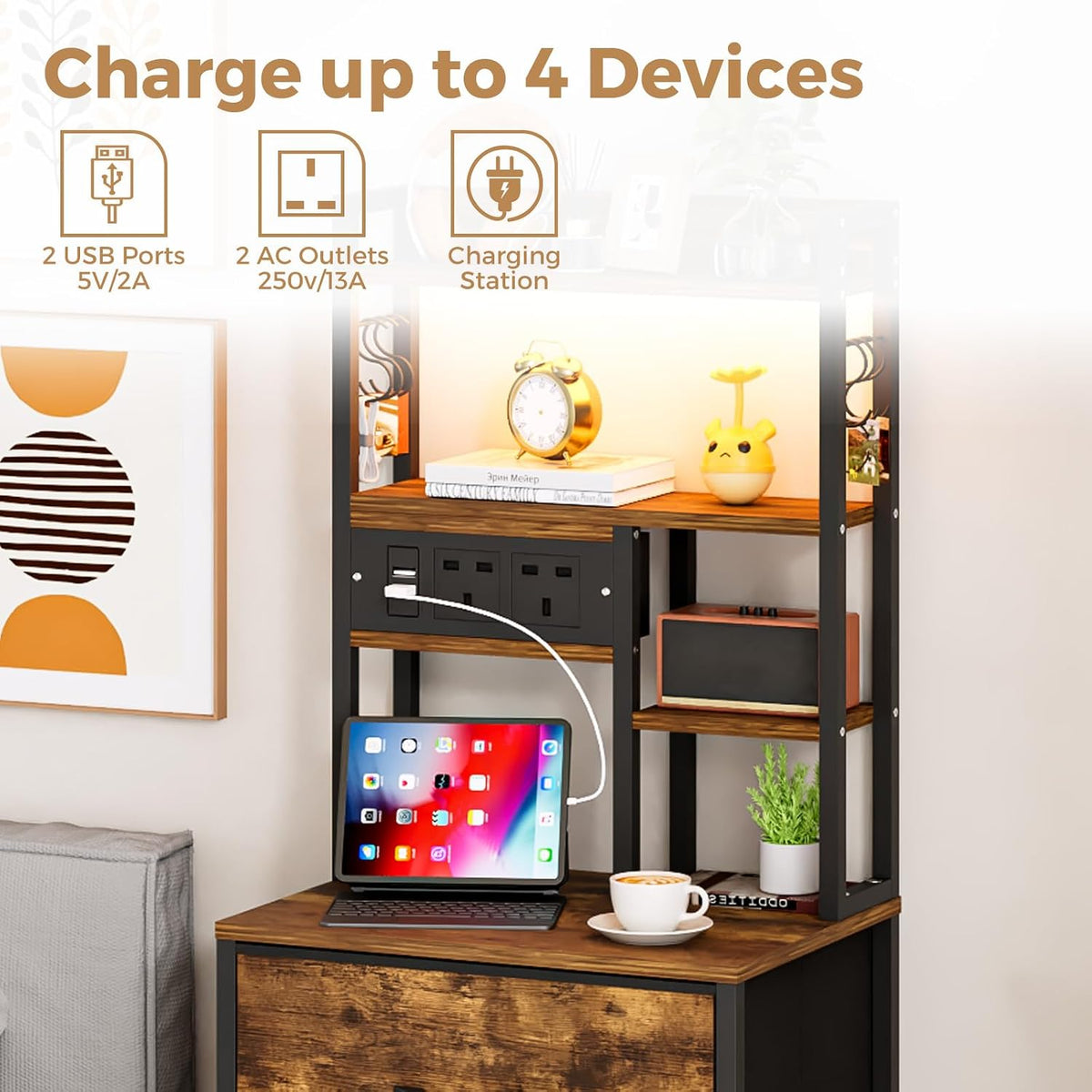 Bedside Table,Nightstand with Charging Station&App Control LED Lights