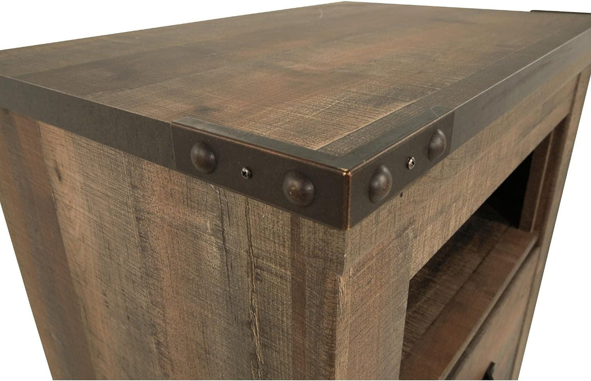 Signature Design by Ashley Trinell Nightstand with Charging Station | Dual USB ports, Engineered wood construction, Open storage cubby, Smooth-operating drawer, Antiqued bronze-tone hardware