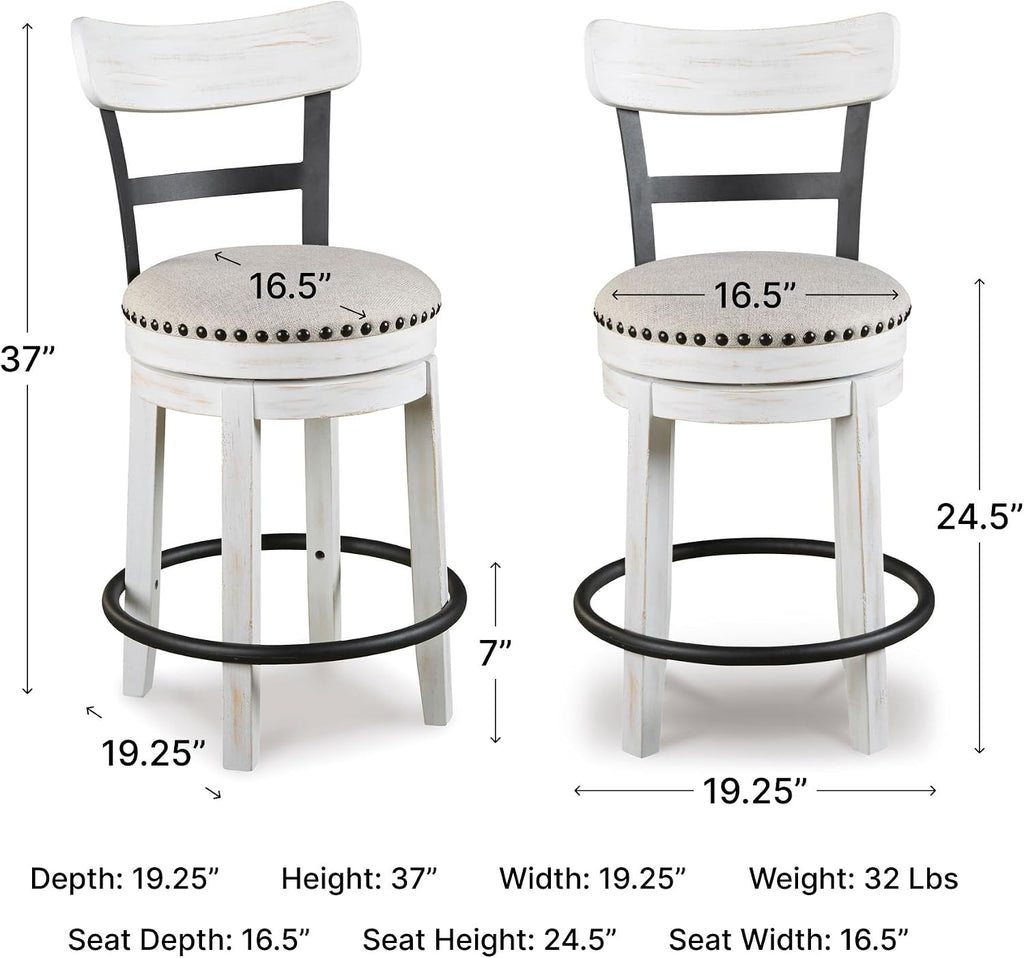 Signature Design by Ashley Valebeck Swivel Counter Height Bar Stool, White | Sturdy 24.5-inch seat with nailhead trim, Farmhouse rustic style featuring linen colored polyester, Smooth 360° rotation