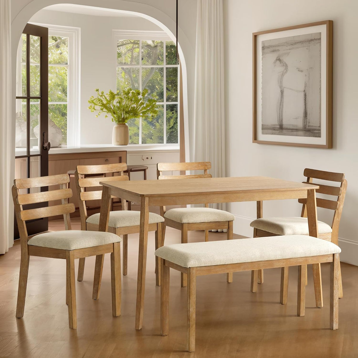 4-Piece Farmhouse Dining Set, Wooden Dining Table with 2 Chairs, Bench Seat