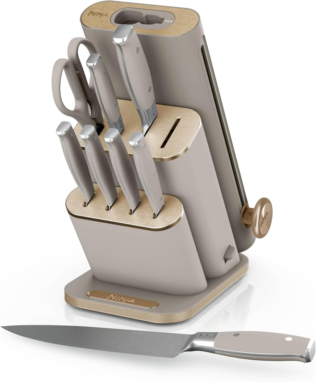 Ninja® NeverDull® 10-Pc German Steel Knife Set, Stone Gold, NK32010SD1 | Stays razor-sharp 10+ years. Premium German steel. Removable sharpener stores in a drawer saving up to 35% more counter space