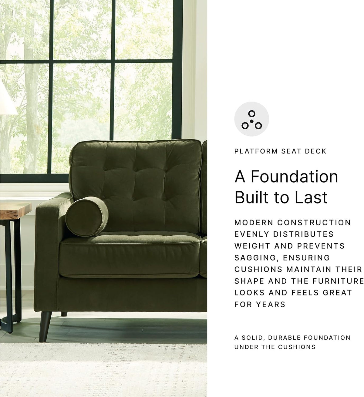 Signature Design by Ashley Loveseat, Olive Green Velvet, Reveon Lakes | Small loveseat for condo spaces, Olive green velvet upholstery, Anti-sag platform foundation, No assembly required