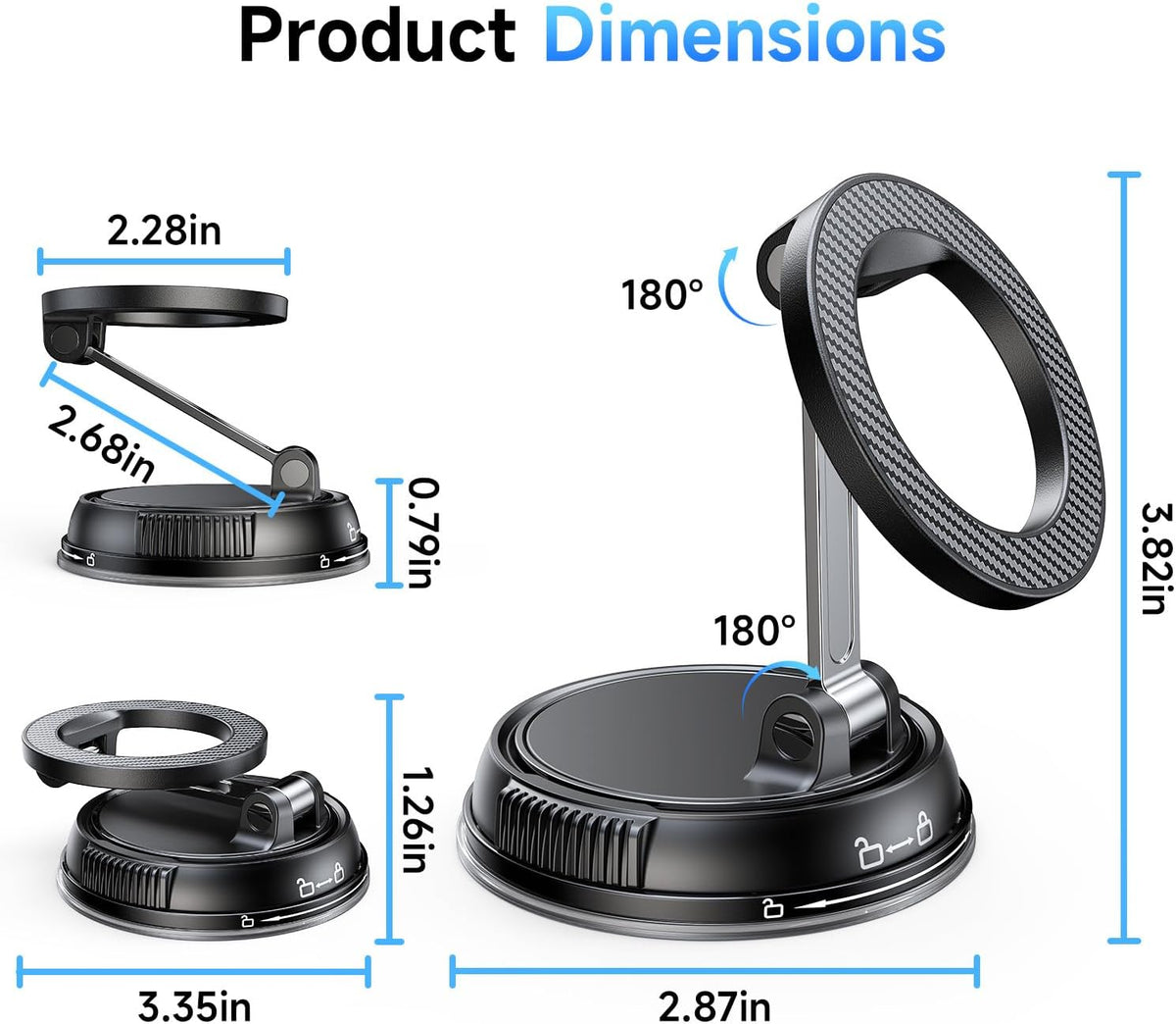 Compact Foldable Car Phone Holder for Magsafe [78+LBS Strongest Suction & 2400gf Strongest Magnetic] 360° Adjustable Car Phone Mount, Bedstand & Desk Mounts for iPhone 18-12 Pro Max (Carbon Fiber)