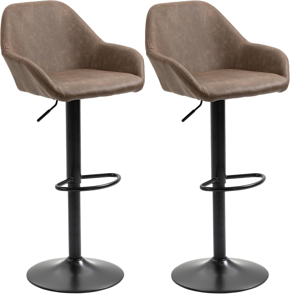 HOMCOM Adjustable Bar Stools Set of 2, Swivel Barstools with Footrest and Backrest, PU Leather and Steel Base, for Kitchen Counter and Dining Room, Dark Brown