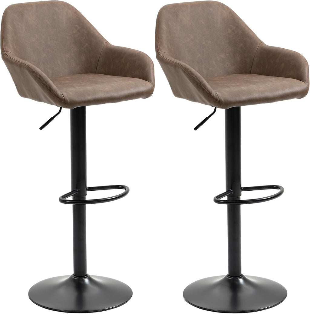 HOMCOM Adjustable Bar Stools Set of 2, Swivel Barstools with Footrest and Backrest, PU Leather and Steel Base, for Kitchen Counter and Dining Room, Dark Brown
