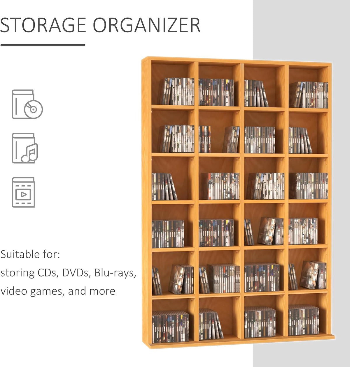 HOMCOM Tall 456 CD/ 336 DVD Storage Unit 89 x 130.5 cm Beech Wood Finish