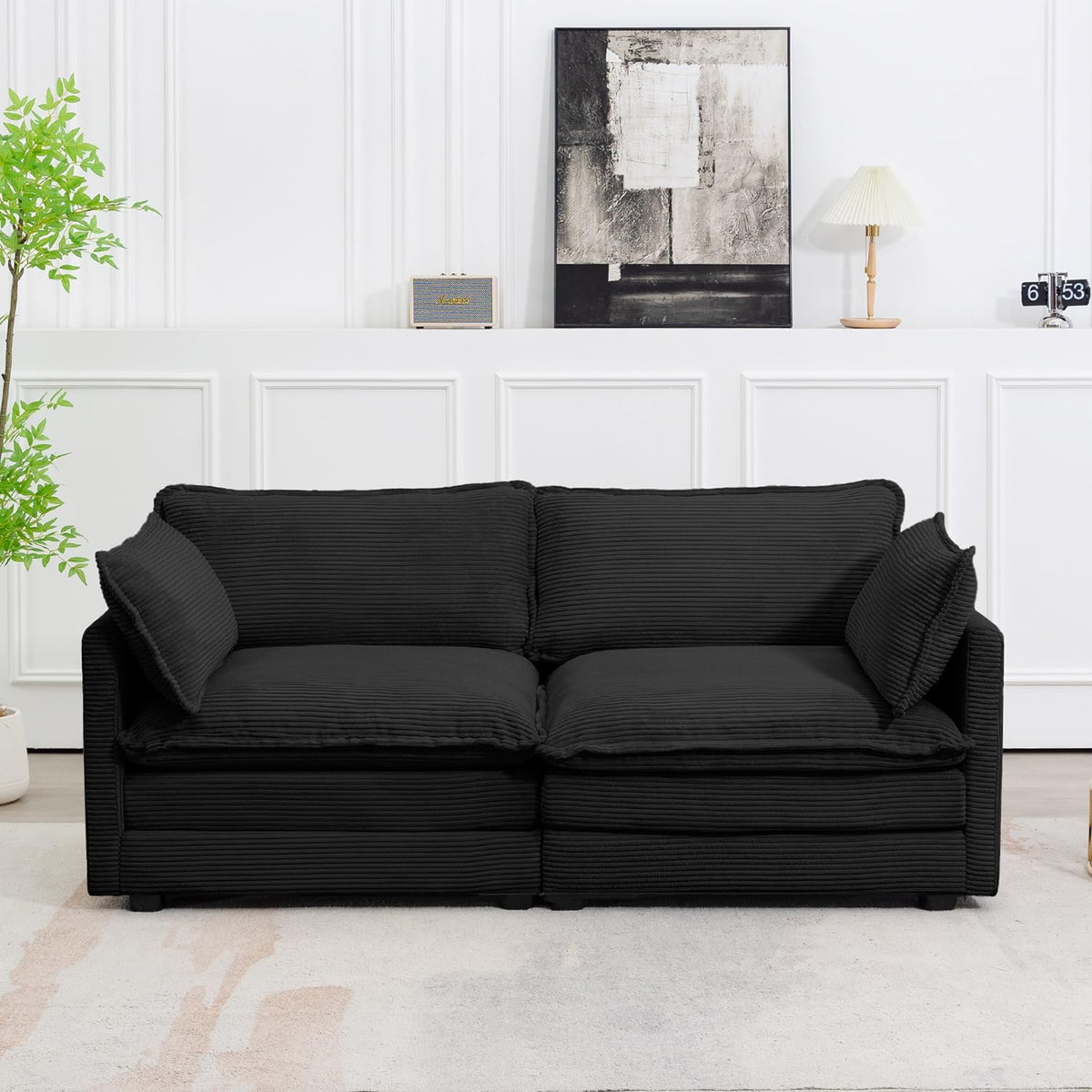 ROWHY 112'' Sectional Modular Cloud Couch, Oversized 5 Seat Couches U Shaped Sofa with 2 Movable Ottomans, 2 Throw Pillows, Upholstered Corduroy U Shape Comfy Deep Couches for Living Room, Beige