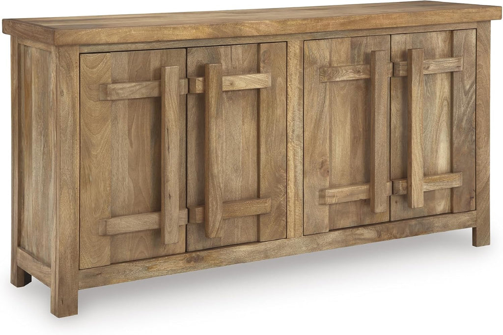 Signature Design by Ashley 4-Door Wood Accent Cabinet, Sideboard Credenza | Mango wood, veneer and engineered wood credenza, Soft-close hinges, Cord management, 2 fixed shelves, Dresor Series