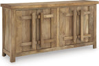 Signature Design by Ashley 4-Door Wood Accent Cabinet, Sideboard Credenza | Mango wood, veneer and engineered wood credenza, Soft-close hinges, Cord management, 2 fixed shelves, Dresor Series