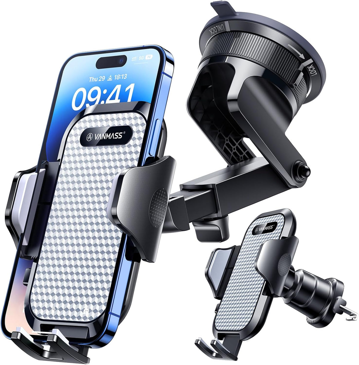 [True Military-Grade] Car Phone Holder VANMASS [Upgraded Strongest Suction&Clip] Cell Phone Mount for Dashboard Windshield Vent Kit, Truck Cradle Stand for iPhone 18 Pro Max 17 16 15 Android,Ink Black