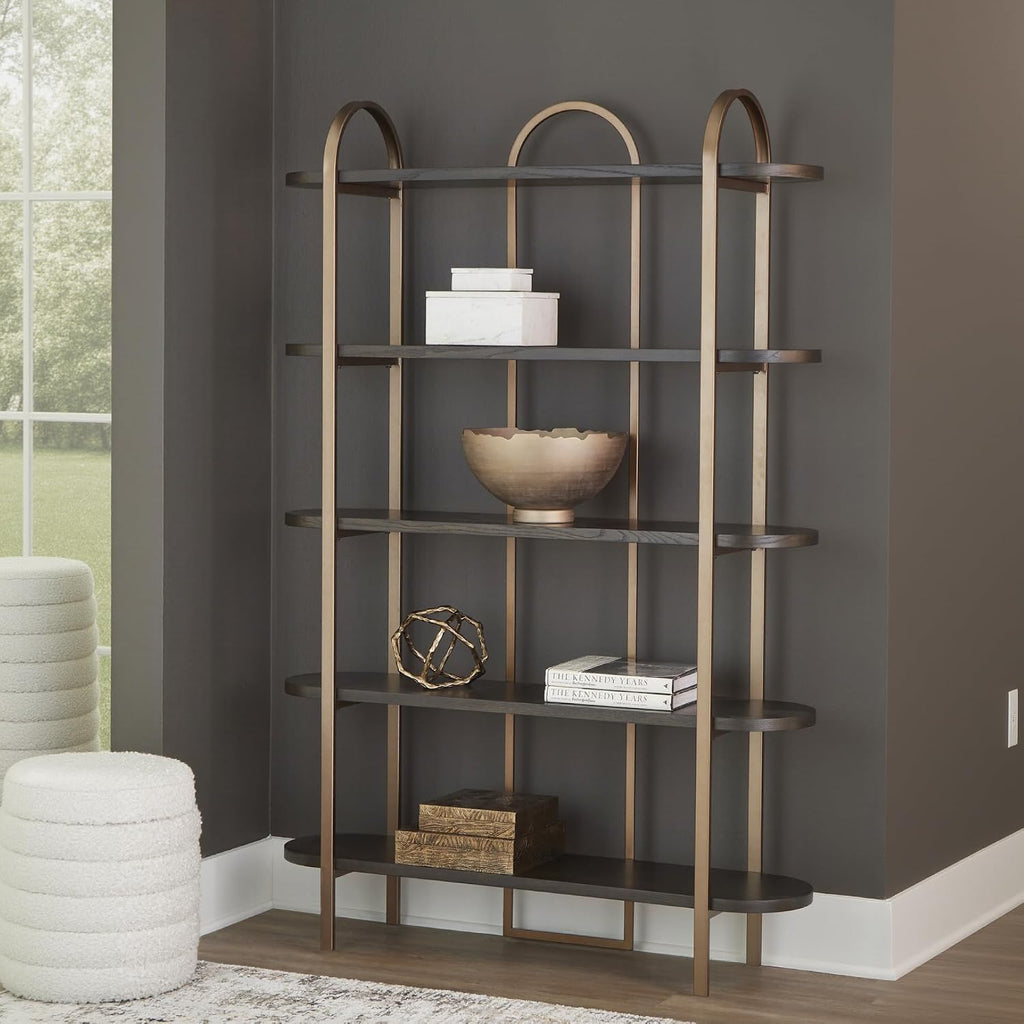Signature Design by Ashley 5-Shelf Etagere Bookcase, Antiqued Gold | Antiqued goldtone metal frame, Ash veneer and engineered wood shelves, 48-inch wide open design, 72-inch height, Brentmour
