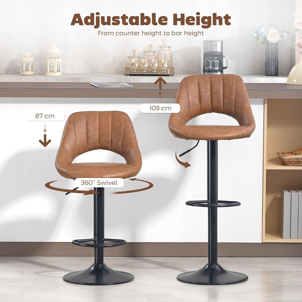 HOMCOM Bar Stools Set of 2 Swivel Adjustable Height with Footrest Brown