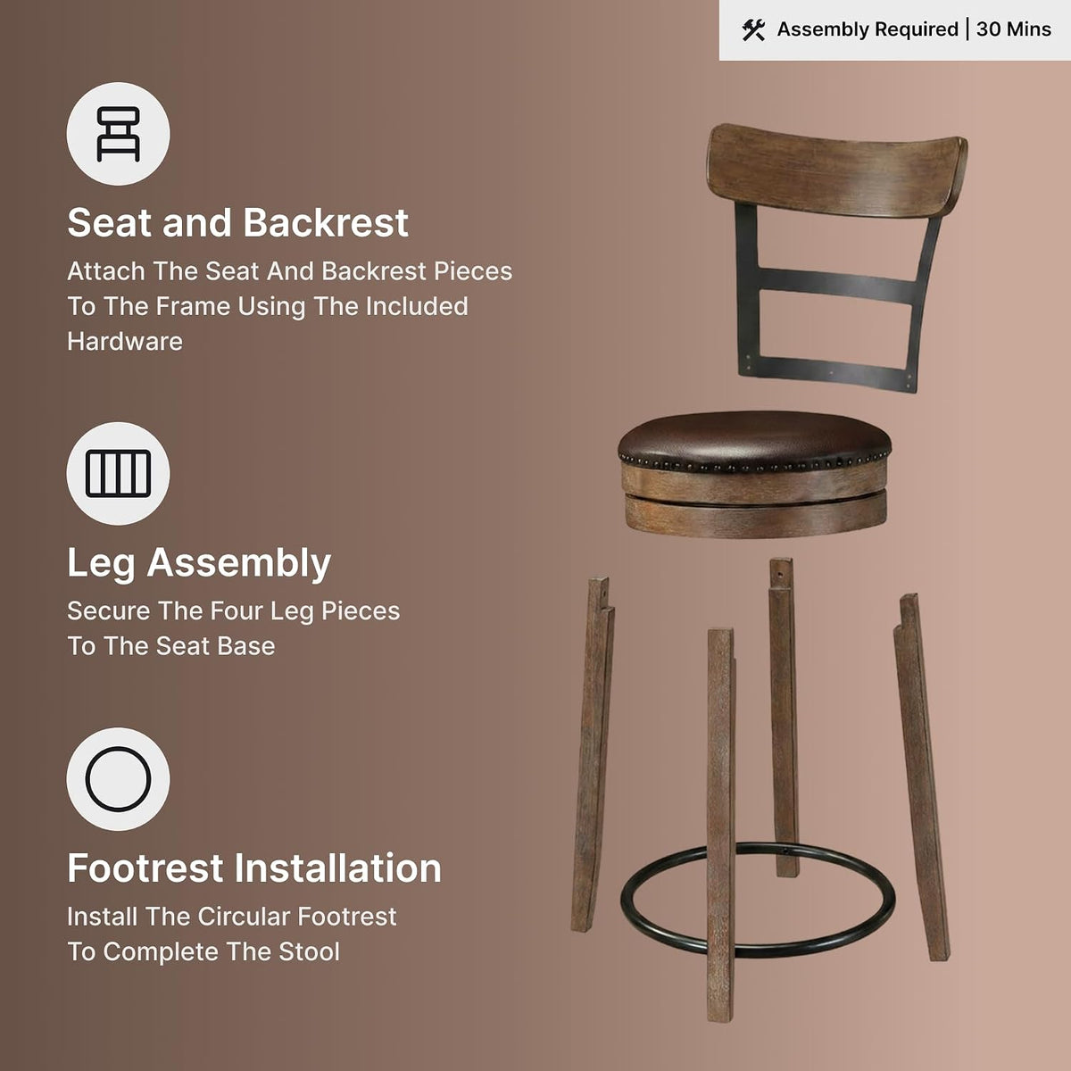Signature Design by Ashley Pinnadel 30" Swivel Bar Height Barstool, Brown | Faux leather padded seat for easy cleanup, Sturdy wood, engineered wood, and metal frame, Built-in comfort footrest