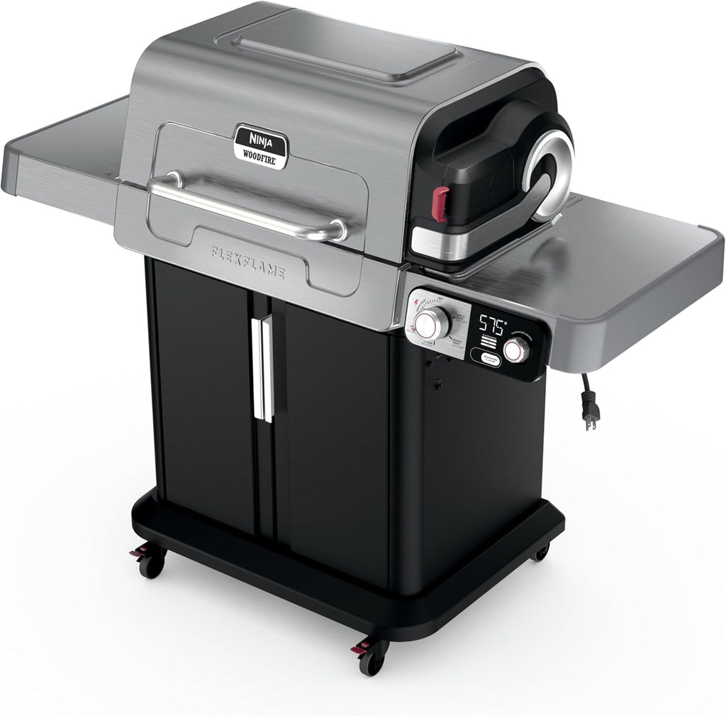 Ninja FlexFlame Grill & Smoker, Electric & Propane, 5-in-1, Steel,PG301 | Ninja FlexFlame is a 5-in-1 grill, smoker & griddle with precise 200-600°F control, fitting 3 chickens or 4 rib racks