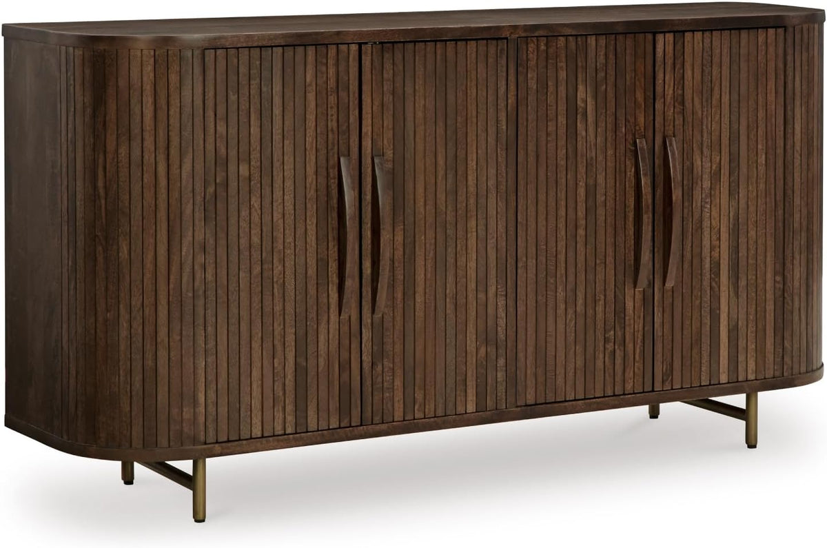 Signature Design by Ashley Mango Wood Accent Cabinet with Doors, Sideboard | Heavyweight construction in rich dark brown, Elegant vertical fluting, Curved sides, Wire management, Amickly Series