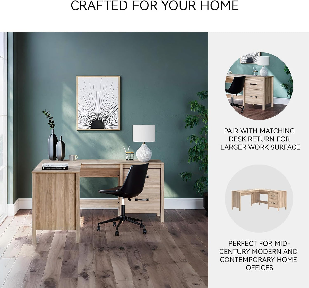 Signature Design by Ashley L-Shaped Home Office Desk with Return, 60" | Space-saving L-shaped corner workstation, Textured chevron engineered wood, Built-in cabinet, Smooth drawer, Battelle Series