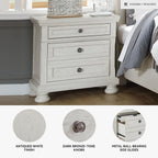 Signature Design by Ashley Tall Antique White Nightstand Wood Bedside Table | Two dovetail drawers, Hidden pull-out tray for valuables, Textured antiqued white oak finish, Robbinsdale Series