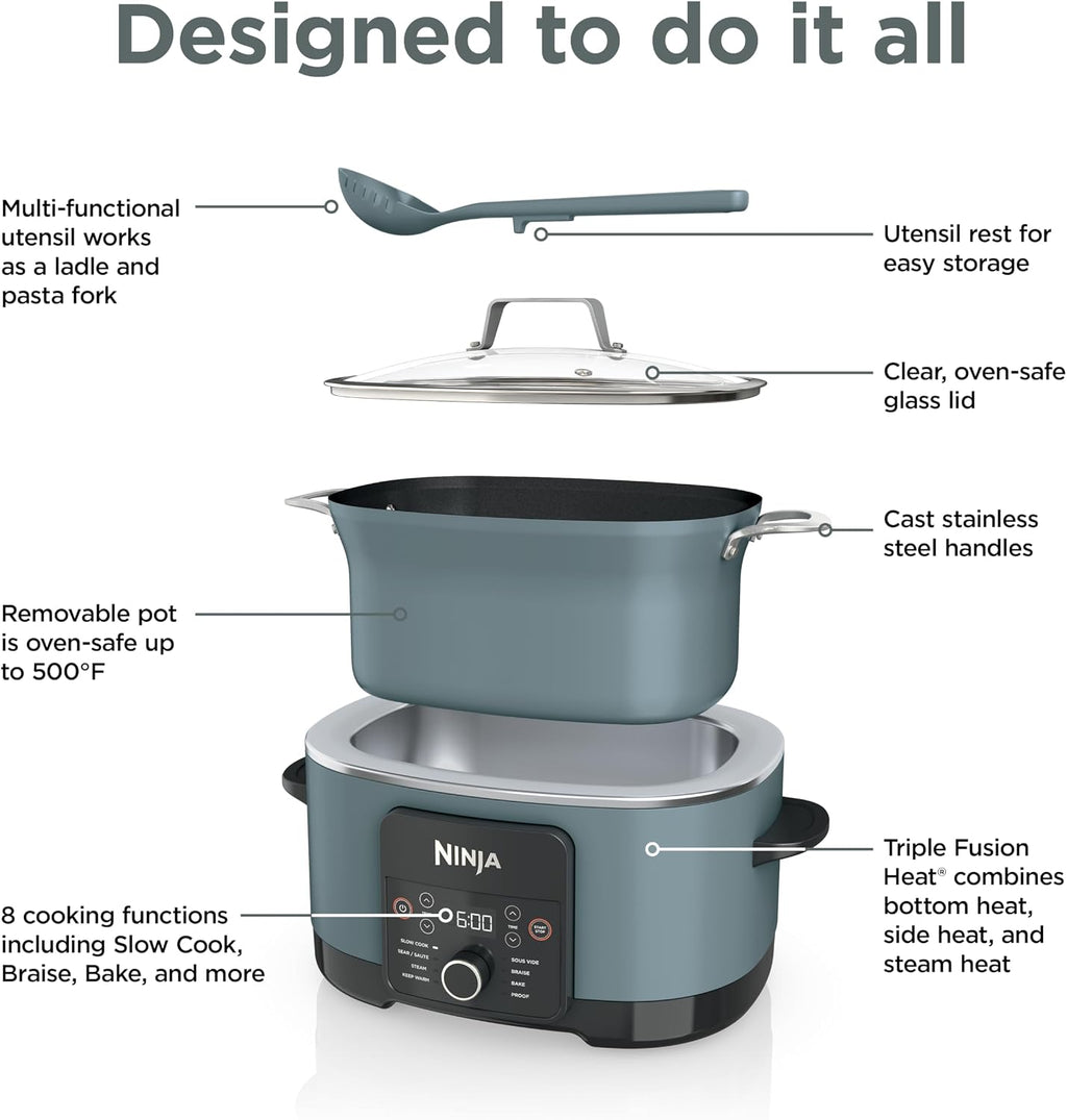 Ninja® PossibleCooker™ PRO 14-in-1, 8.5-qt, Sea Salt Gray, MC1001 | 14-in-1 replaces 14 appliances, Triple Fusion Heat®, slow cook, sauté, roast & steam, nonstick oven-safe pot to 500°F.