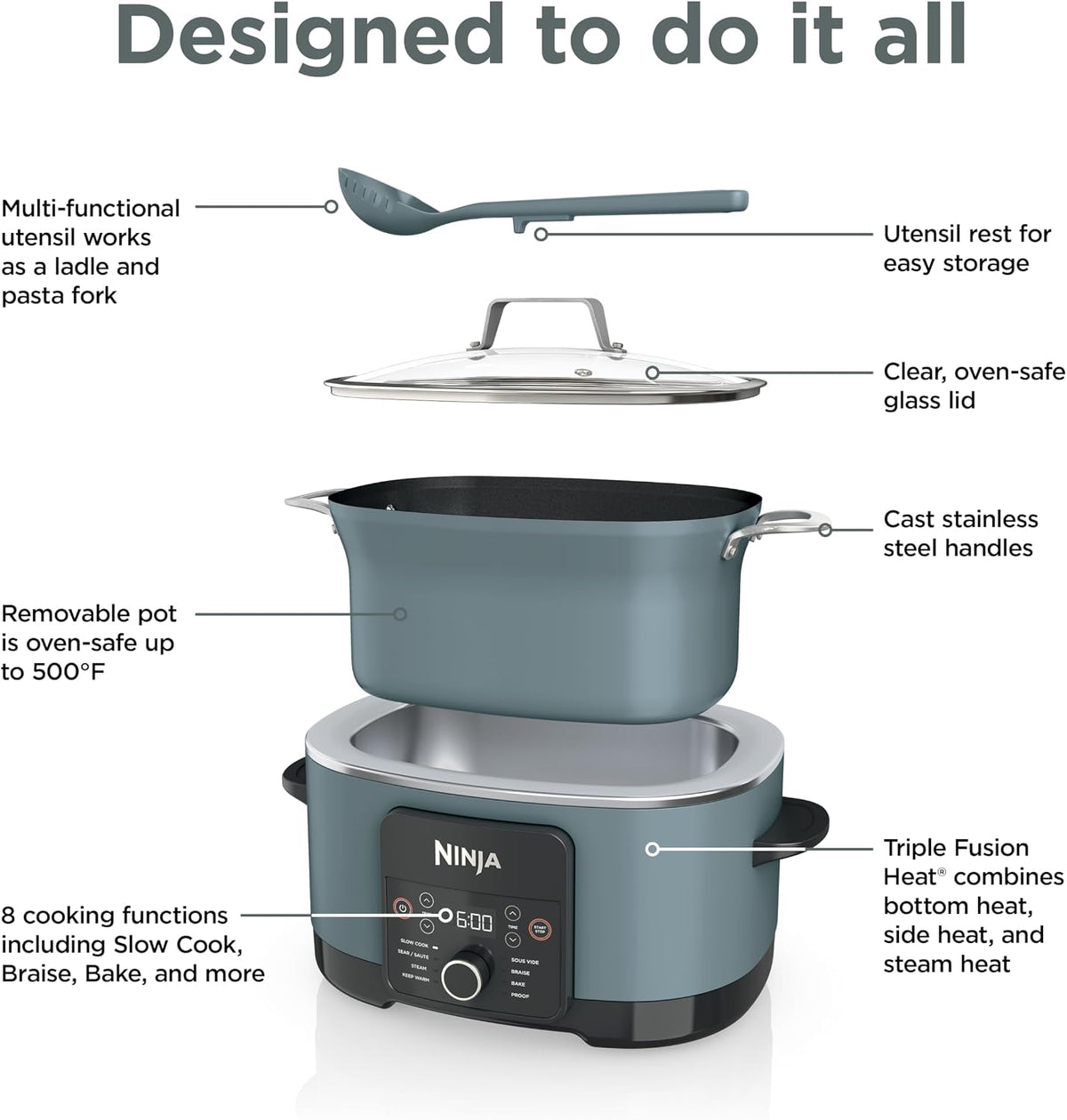 Ninja® PossibleCooker™ PRO 14-in-1, 8.5-qt, Sea Salt Gray, MC1001 | 14-in-1 replaces 14 appliances, Triple Fusion Heat®, slow cook, sauté, roast & steam, nonstick oven-safe pot to 500°F.