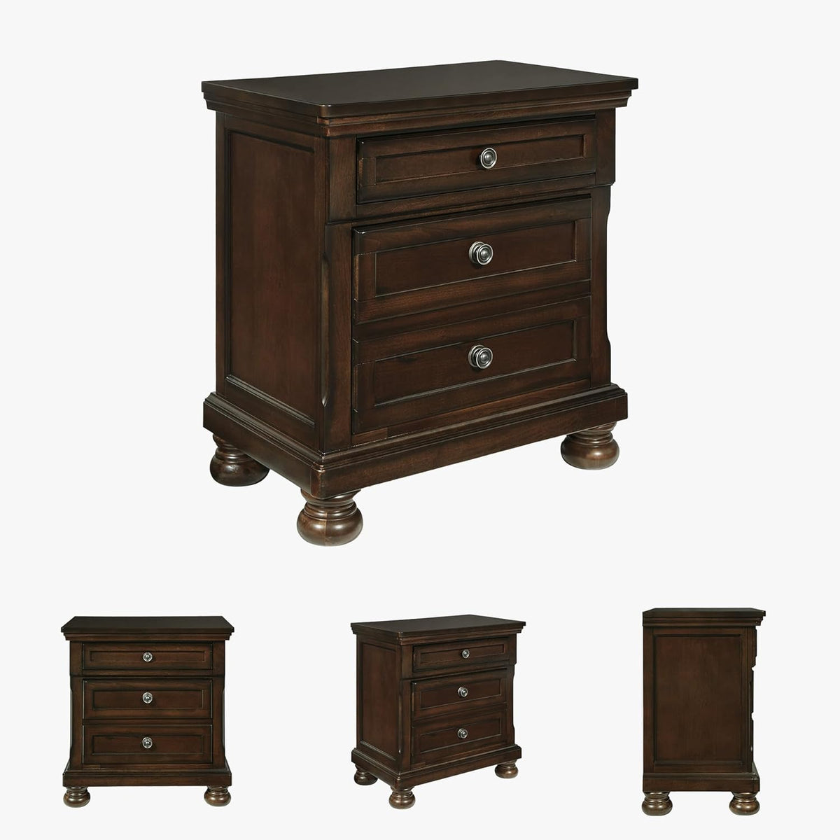 Signature Design by Ashley Porter Traditional Wood Nightstand, Brown | Veneers, wood and engineered wood, 2 smooth-operating drawers, Hidden pull-out tray, Felt bottom, Bun feet