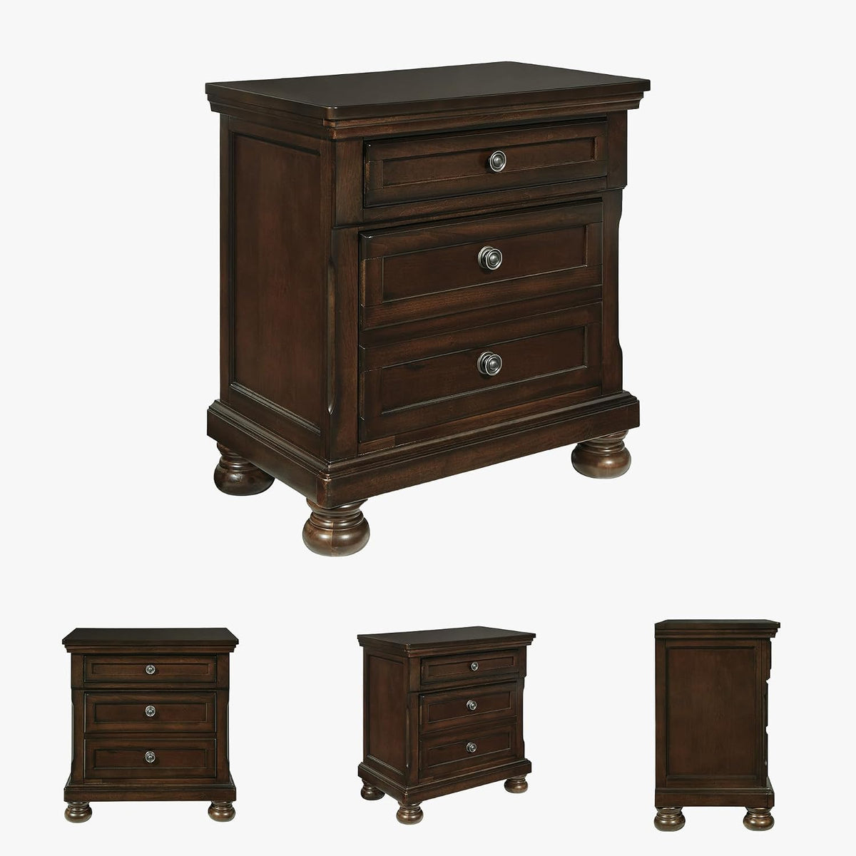 Signature Design by Ashley Porter Traditional Wood Nightstand, Brown | Veneers, wood and engineered wood, 2 smooth-operating drawers, Hidden pull-out tray, Felt bottom, Bun feet