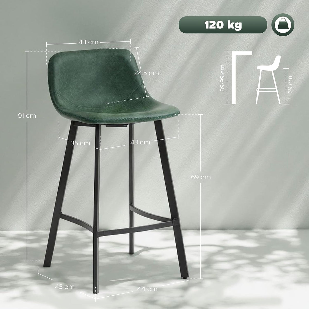 HOMCOM Bar Stools Set of 2 PU Leather Upholstery with Backrest Green
