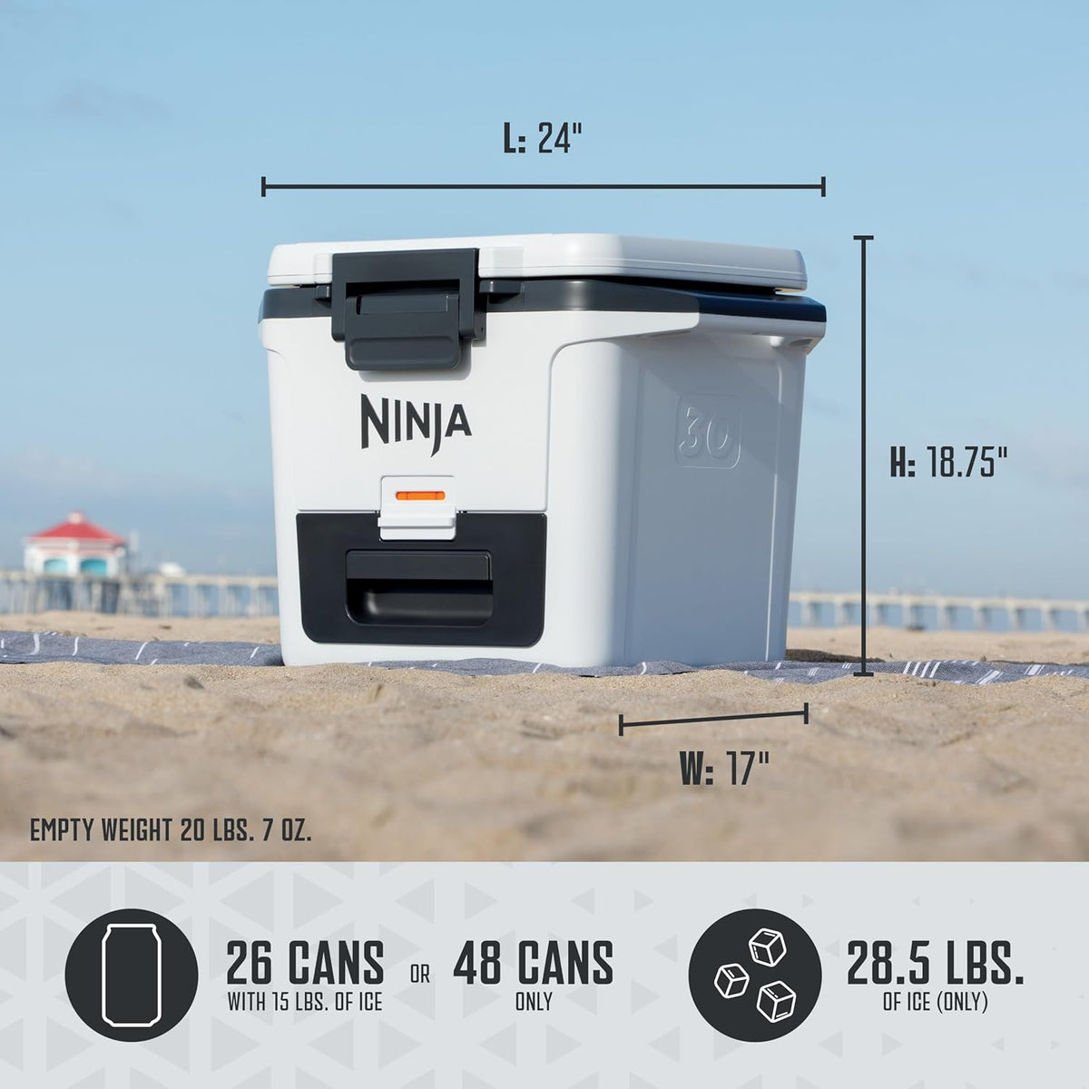 Ninja FrostVault 30qt Hard Cooler w/Dry Storage Drawer, True Red, FB131RD1 | Ninja FrostVault keeps food cool, dry & separate under 40°F for days, with 30-qt capacity holding up to 48 cans.