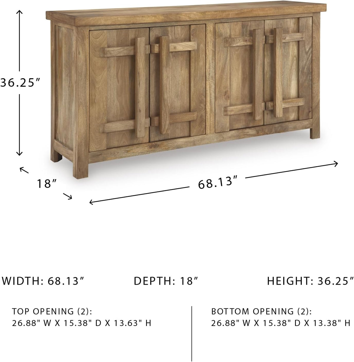 Signature Design by Ashley 4-Door Wood Accent Cabinet, Sideboard Credenza | Mango wood, veneer and engineered wood credenza, Soft-close hinges, Cord management, 2 fixed shelves, Dresor Series