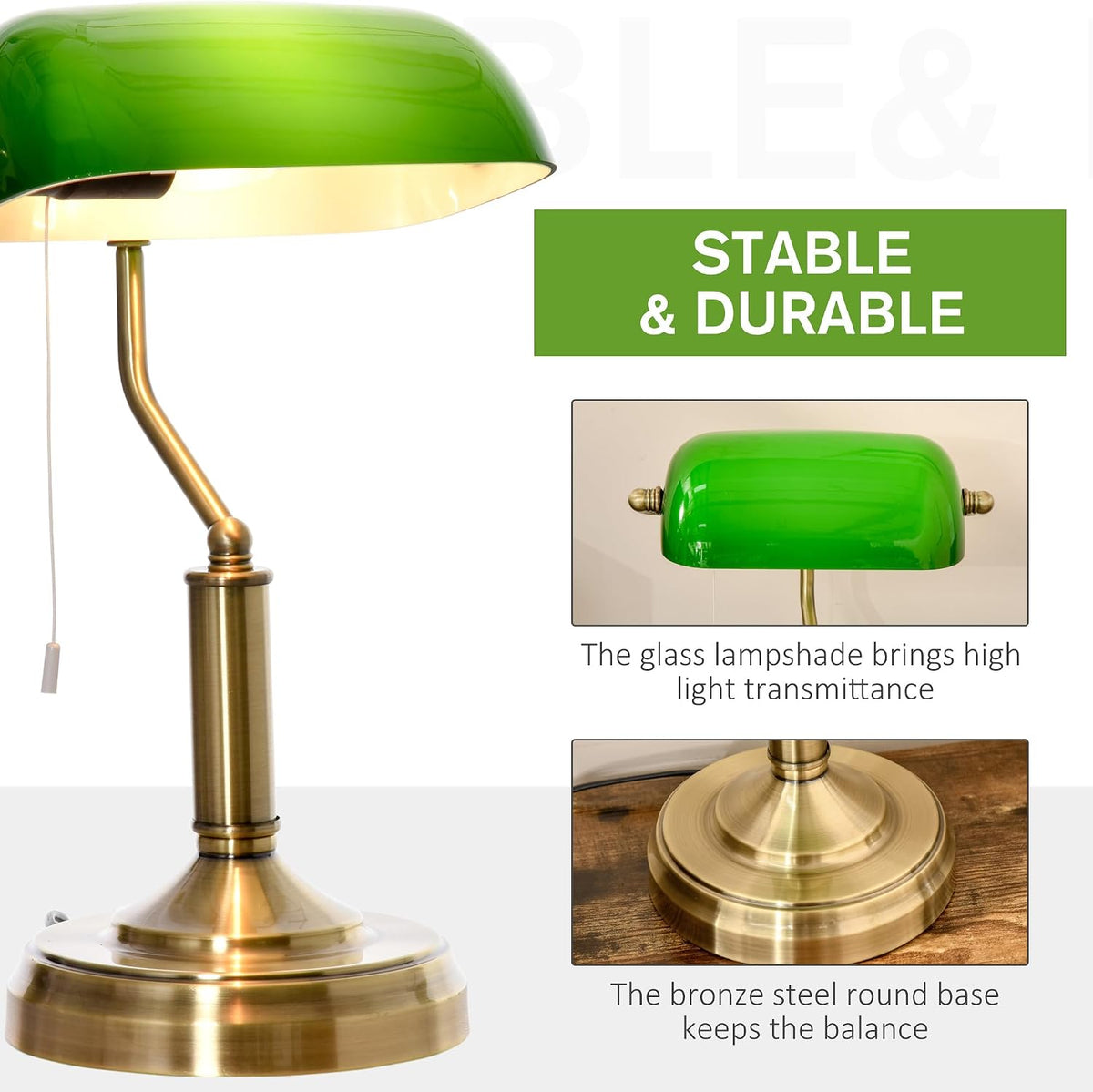 HOMCOM Banker's Table Lamp with Glass Shade Green