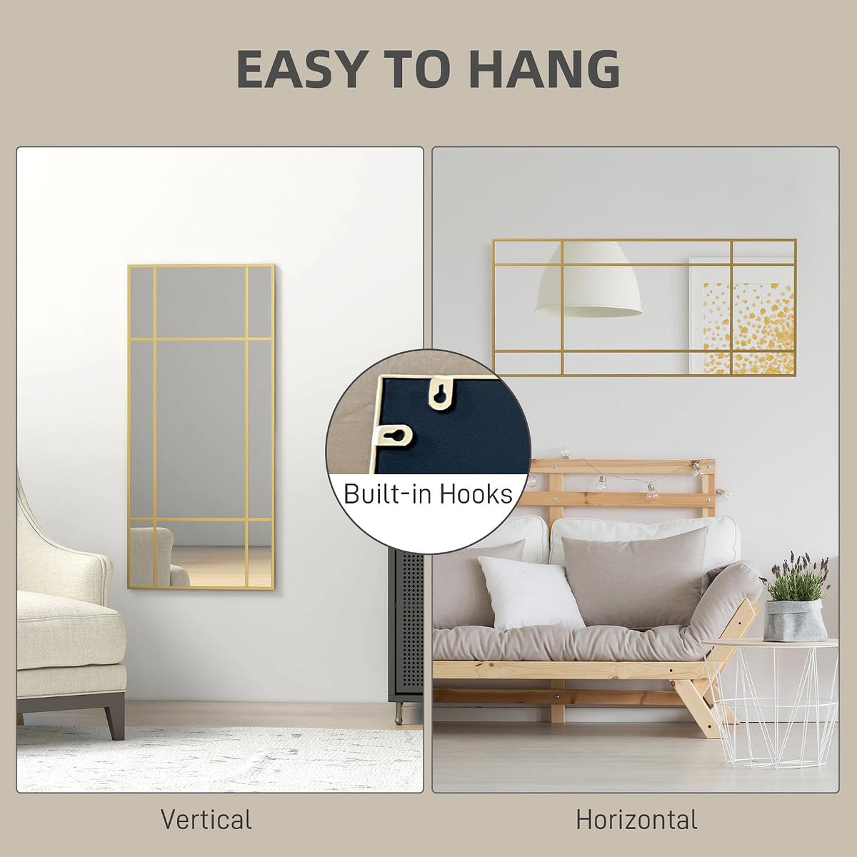 HOMCOM Rectangle Wall Mirror 110 x 50cm Window Style Vanity Mirror Gold