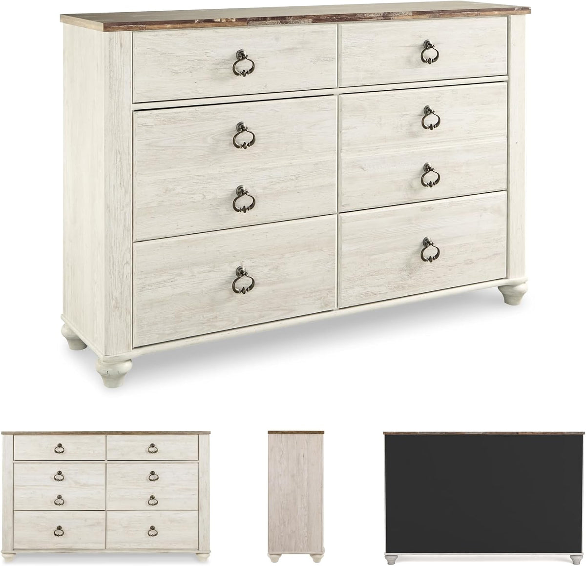 Signature Design by Ashley Willowton 6-Drawer Coastal Dresser, Whitewash | 6 drawer capacity, Coastal farmhouse style, Textured whitewash finish, Driftwood plank effect top, ASTM F 2057 compliant