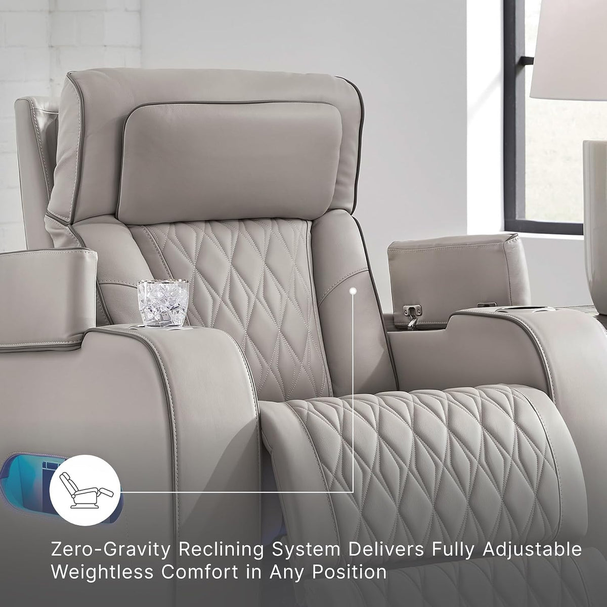 Signature Design by Ashley Boyington Zero Gravity Power Recliner, Gray | Leather match upholstery, Built-in air massage, Heated seat, Adjustable headrest, Dual cup holders, Home theater design