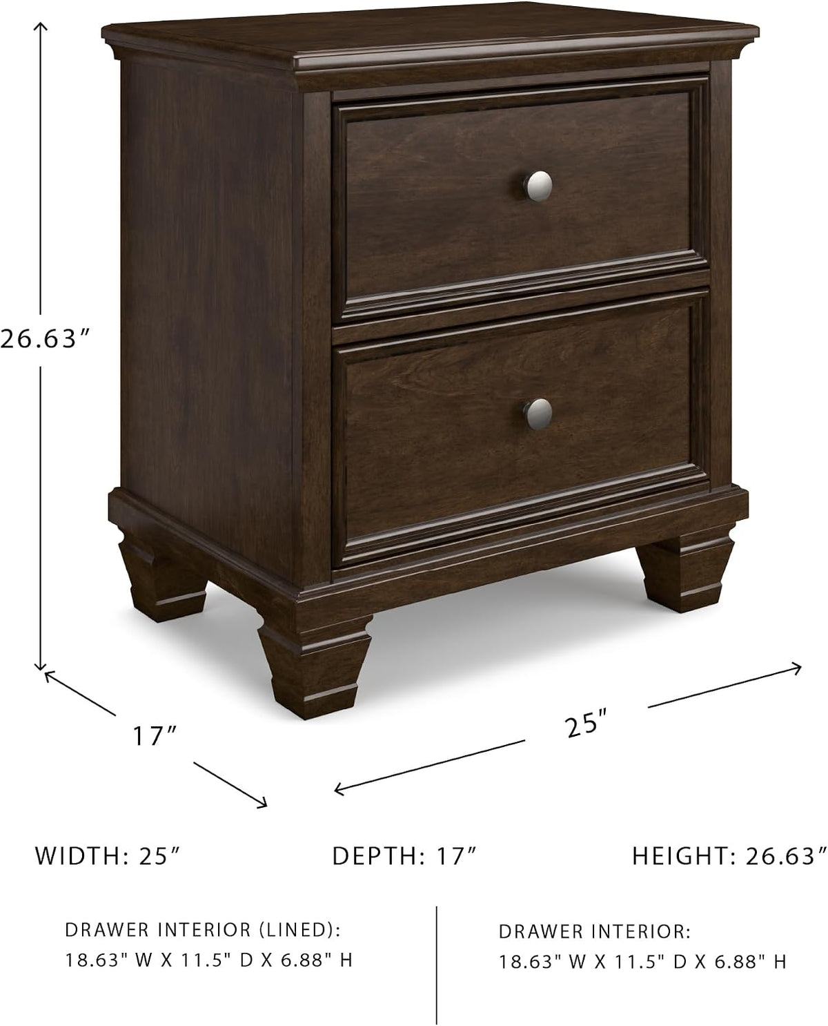 Signature Design by Ashley Danabrin Classic 2 Drawer Nightstand for Bedroom, 26.63" Tall, Dark Brown