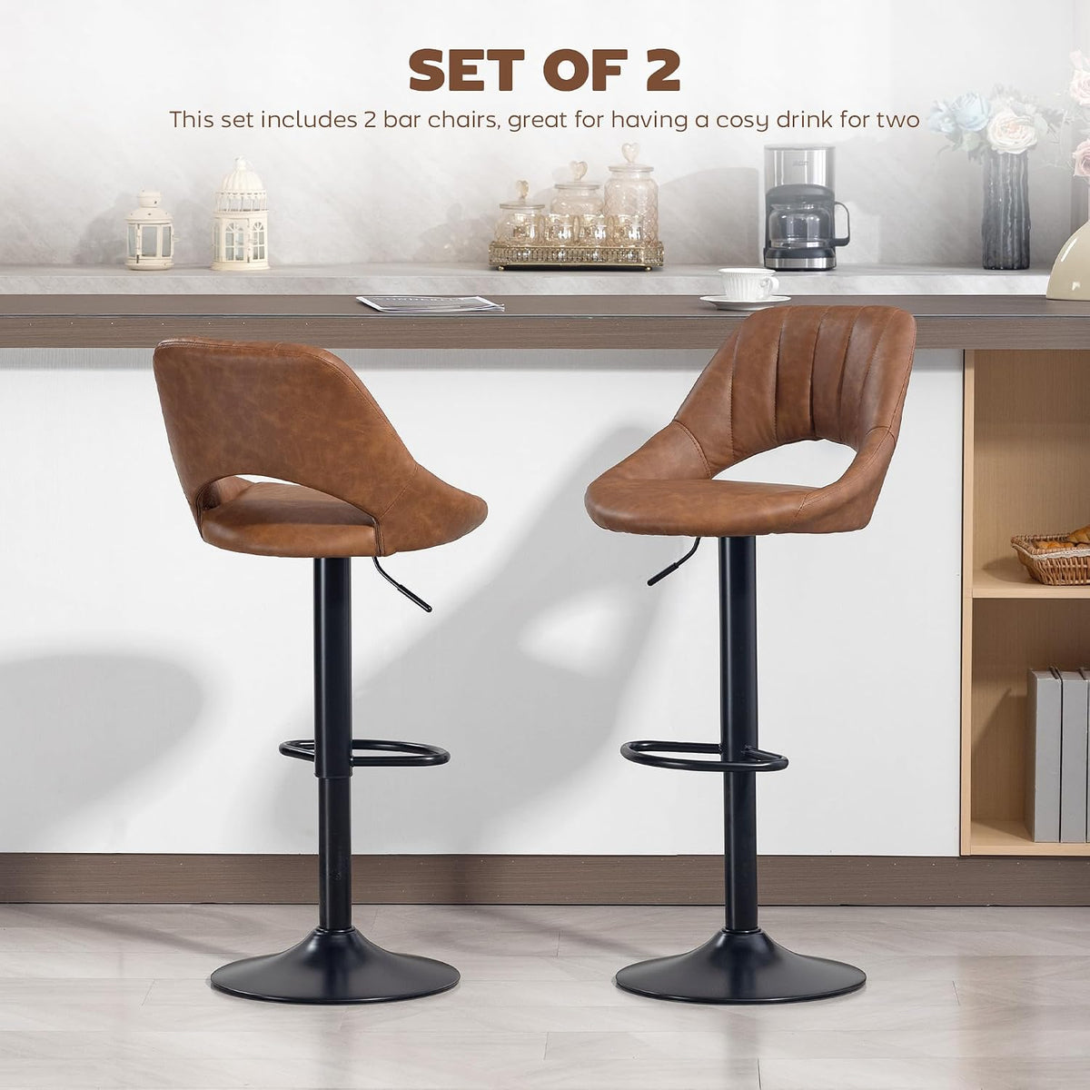 HOMCOM Bar Stools Set of 2 Swivel Adjustable Height with Footrest Brown