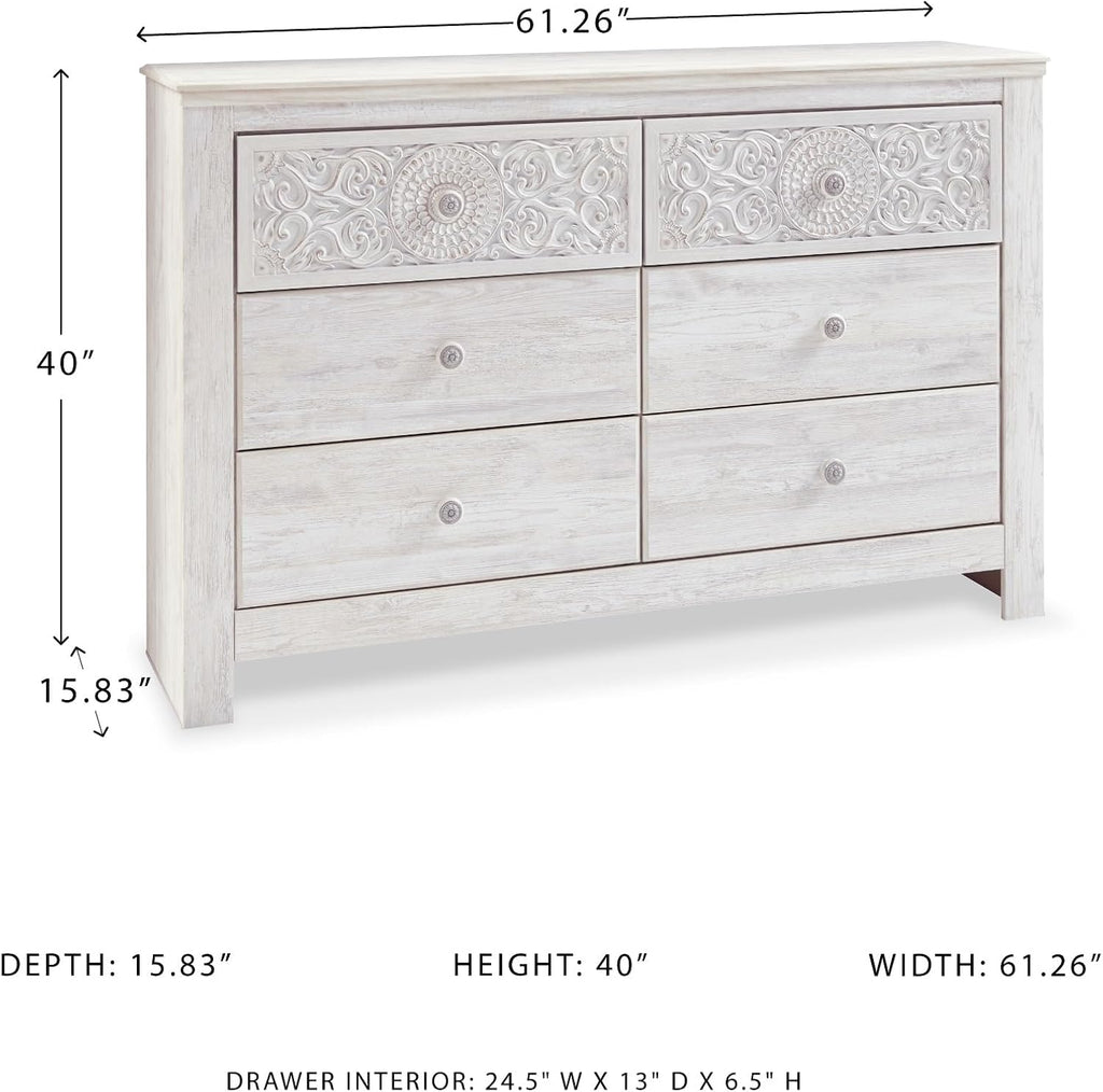 Signature Design by Ashley 6-Drawer Bedroom Dresser, Whitewash, Paxberry | Durable engineered wood and decorative laminate, Arrives pre-assembled for a 5-minute setup, Boho chic whitewash design