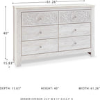 Signature Design by Ashley 6-Drawer Bedroom Dresser, Whitewash, Paxberry | Durable engineered wood and decorative laminate, Arrives pre-assembled for a 5-minute setup, Boho chic whitewash design