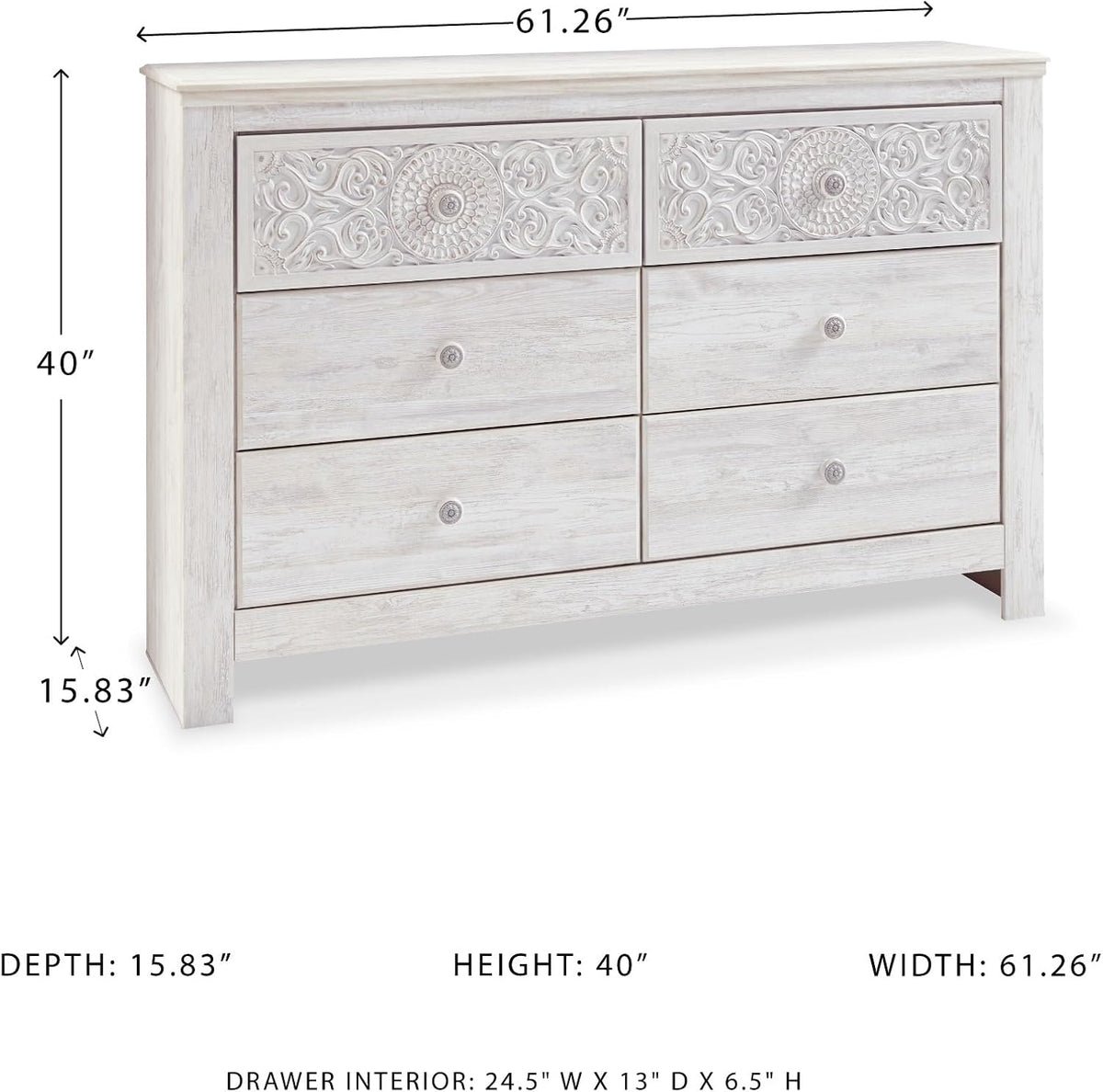 Signature Design by Ashley 6-Drawer Bedroom Dresser, Whitewash, Paxberry | Durable engineered wood and decorative laminate, Arrives pre-assembled for a 5-minute setup, Boho chic whitewash design