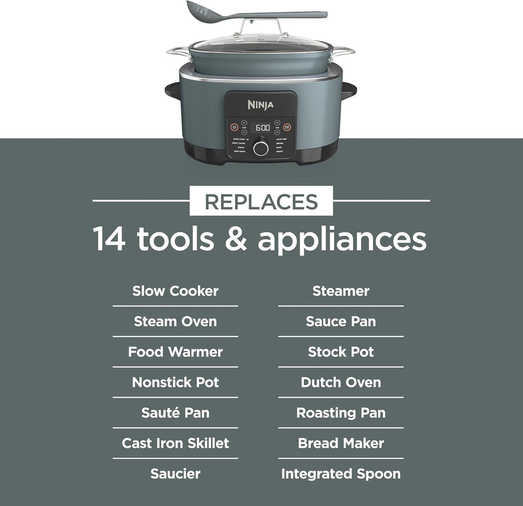 Ninja® PossibleCooker™ PRO 14-in-1, 8.5-qt, Sea Salt Gray, MC1001 | 14-in-1 replaces 14 appliances, Triple Fusion Heat®, slow cook, sauté, roast & steam, nonstick oven-safe pot to 500°F.