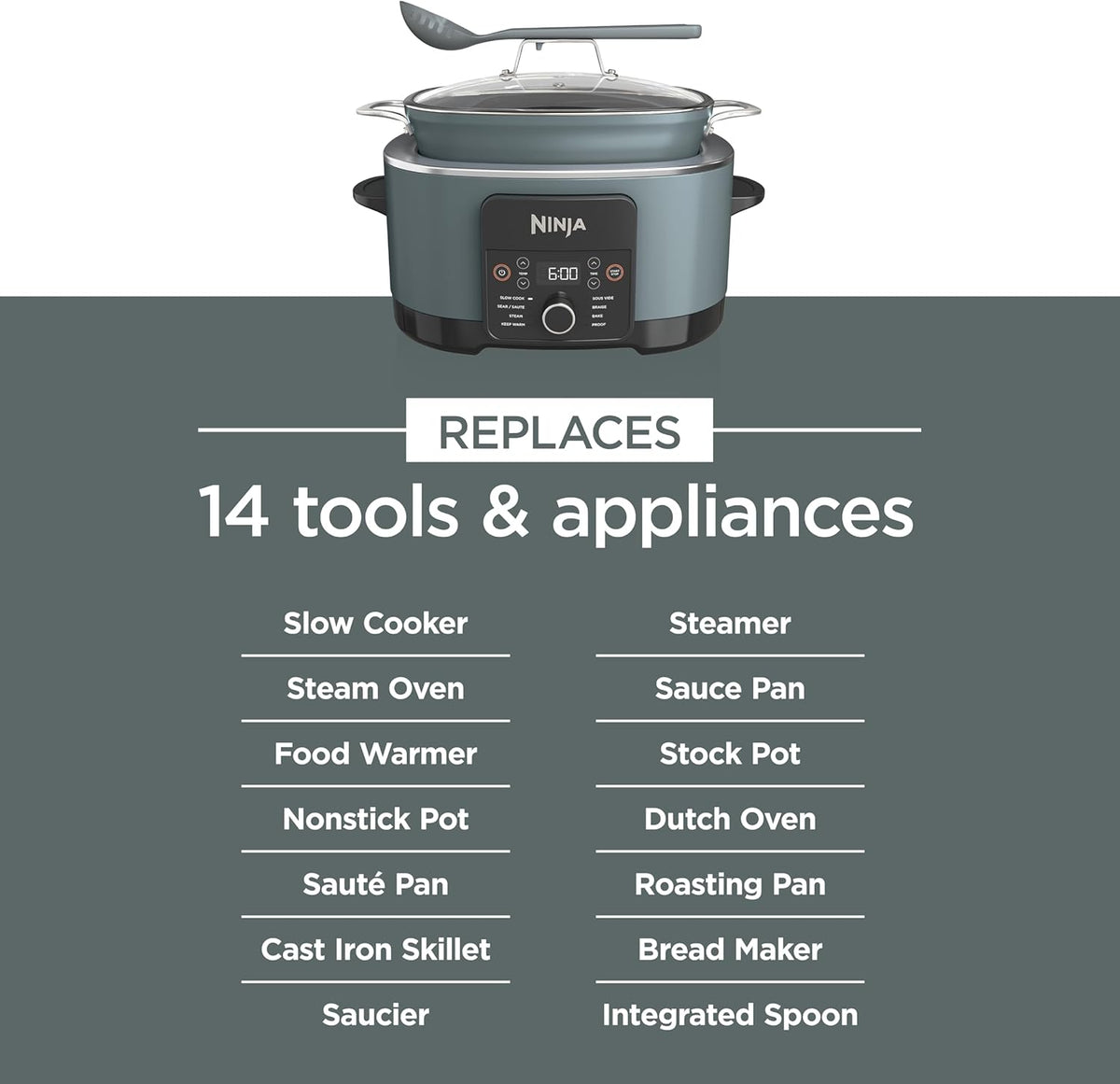 Ninja® PossibleCooker™ PRO 14-in-1, 8.5-qt, Sea Salt Gray, MC1001 | 14-in-1 replaces 14 appliances, Triple Fusion Heat®, slow cook, sauté, roast & steam, nonstick oven-safe pot to 500°F.