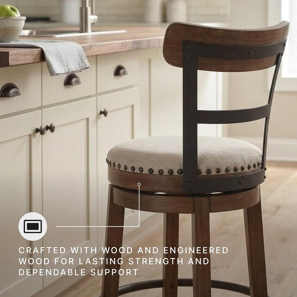 Signature Design by Ashley Valebeck Counter Height Bar Stool, Brown | Rustic-industrial wood and metal stool, Cushioned comfort, Tailored nailhead trim, Smooth 360-degree swivel