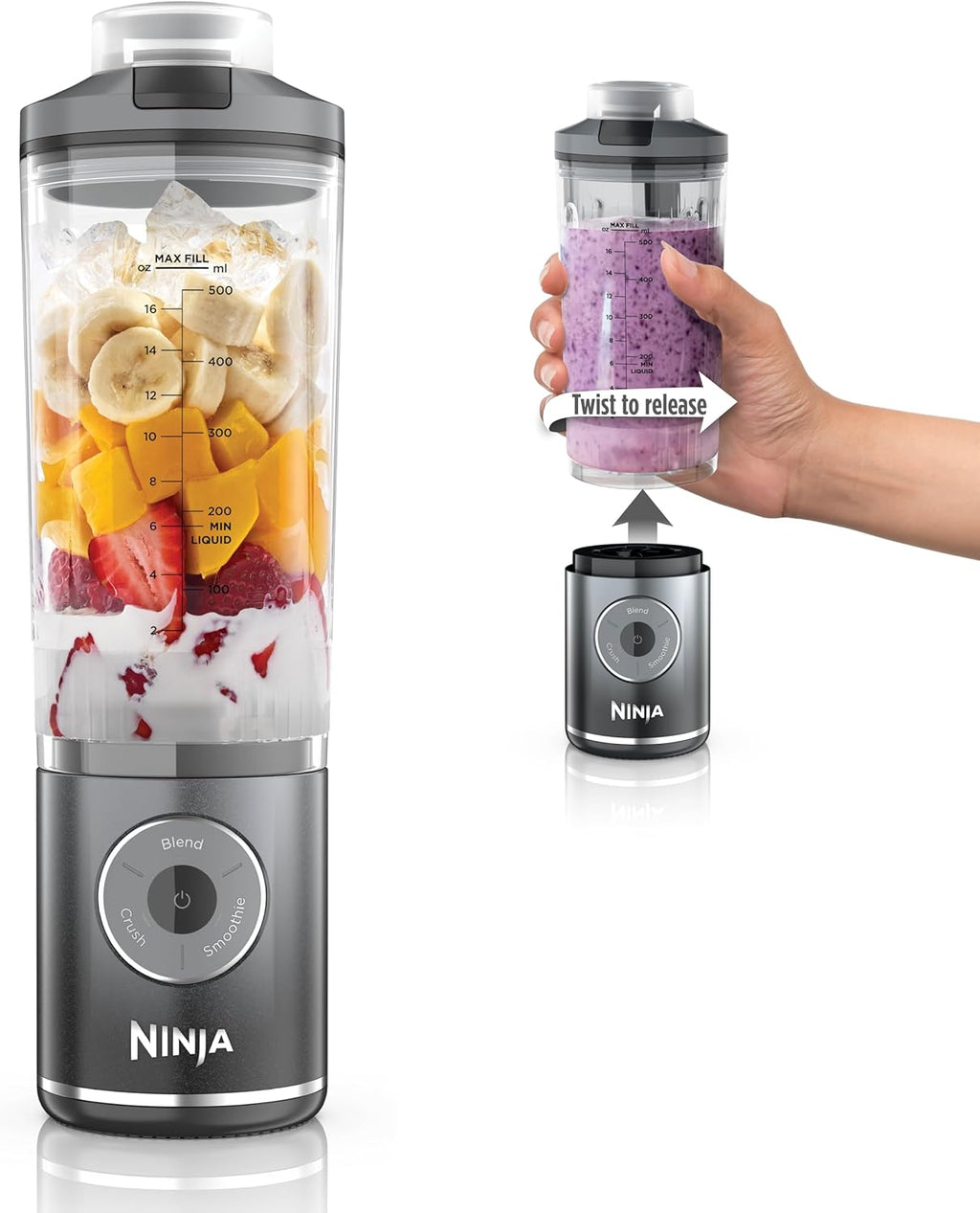 Ninja Blast Max Portable Blender, Twist & Go, 22oz, Grey, BC251GY | Twist & Go removable 22-oz vessel. Auto-iQ Crush & Smoothie programs, cordless. Dishwasher safe, leakproof lid.