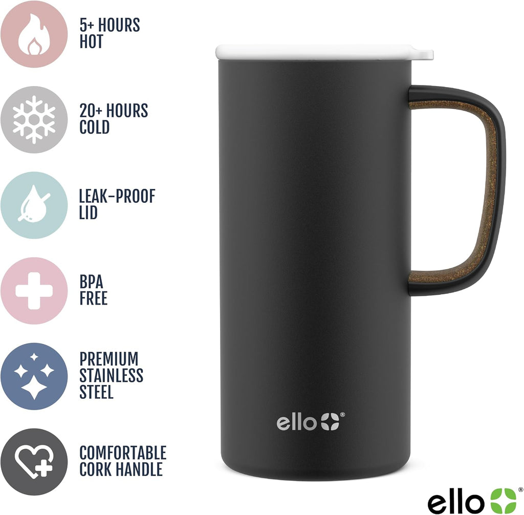 Ello Campy 18oz Insulated Stainless Steel Travel Mug with Handle, Black