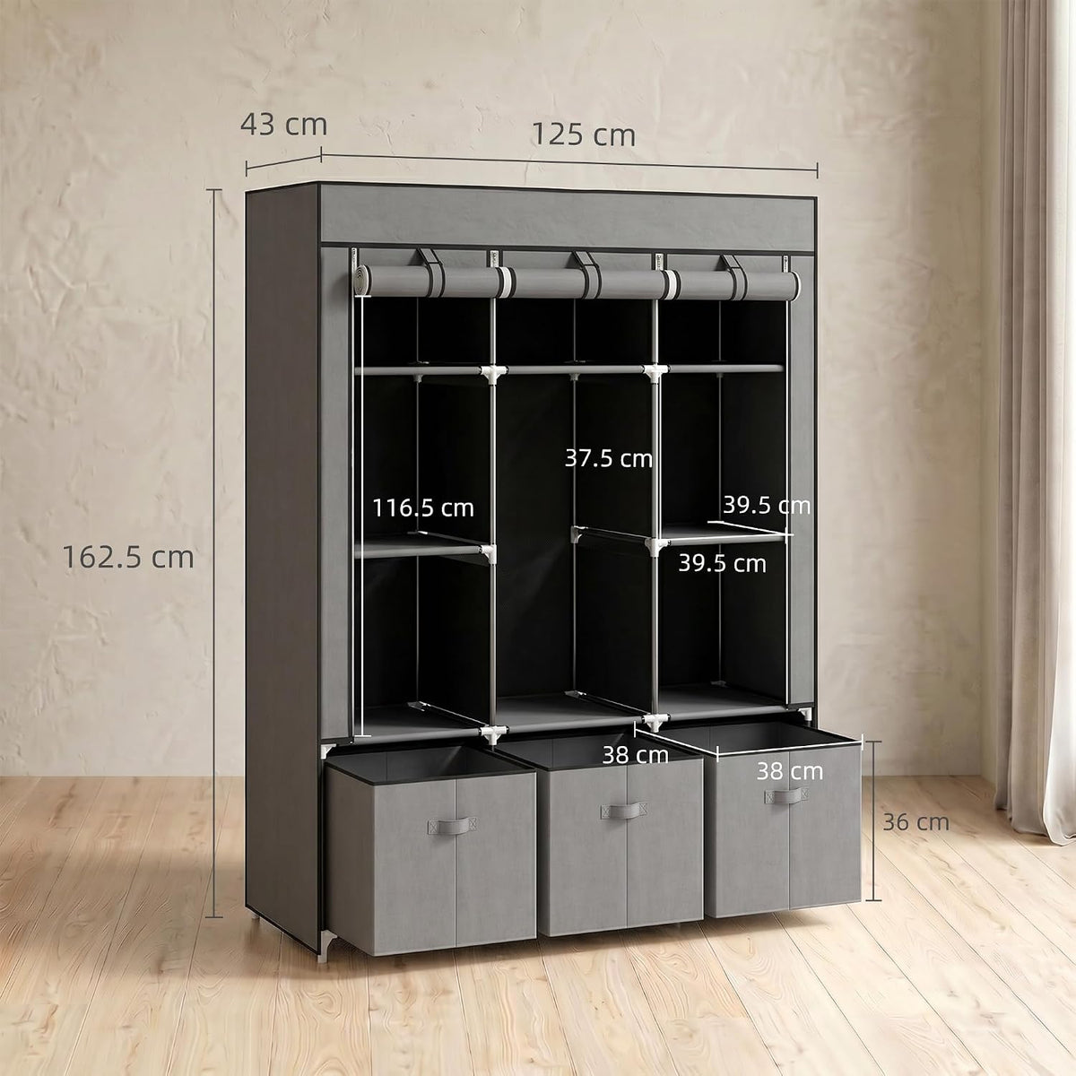 HOMCOM Fabric Wardrobe for Bedroom 5 Shelves 3 Fabric Drawers Dark Grey