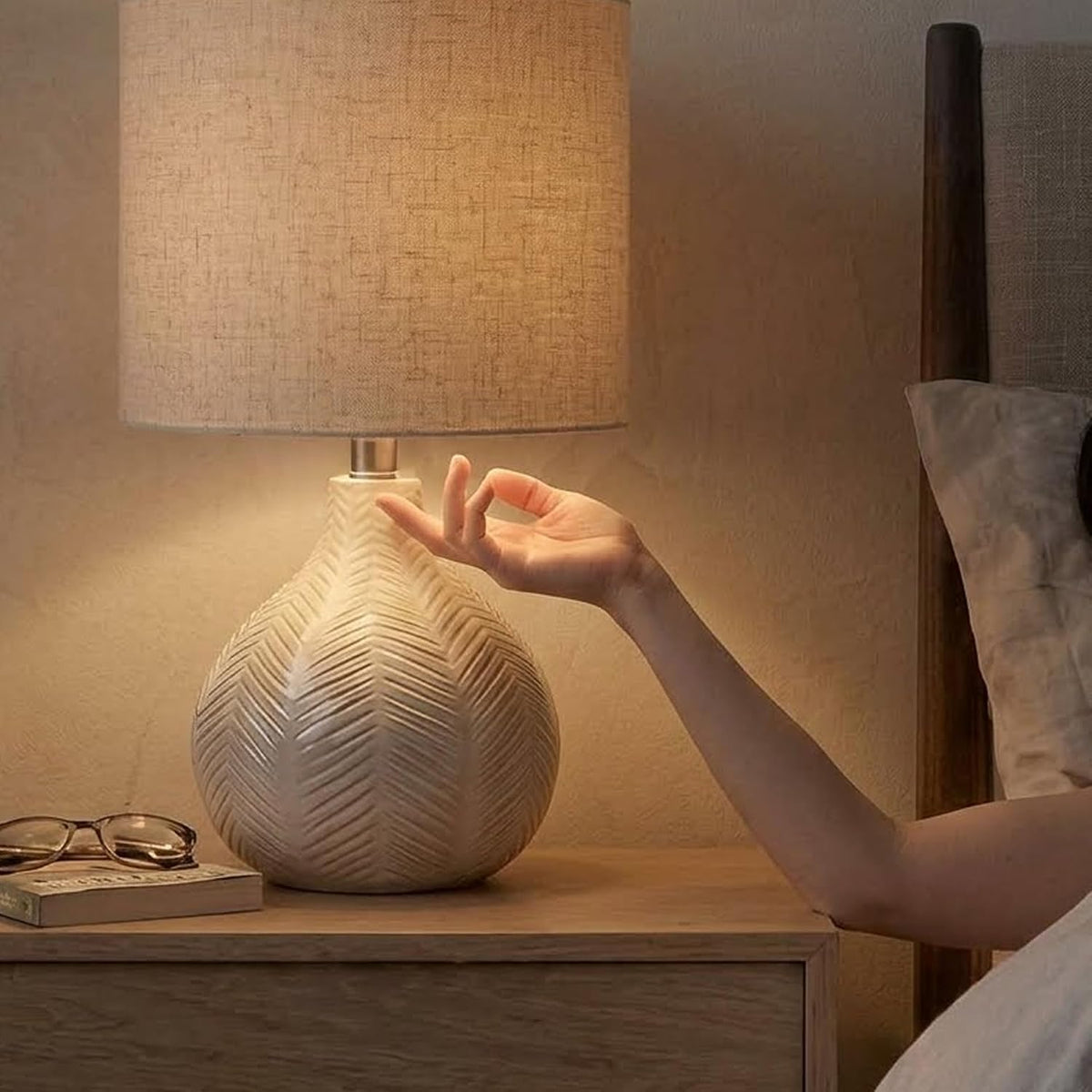Signature Design by Ashley Rainermen Ceramic Table Lamp, 21", Off White | Textured herringbone base, Transparent white glaze, Hardback fabric drum shade, Bedside use, 92.5-inch cord, E26 socket