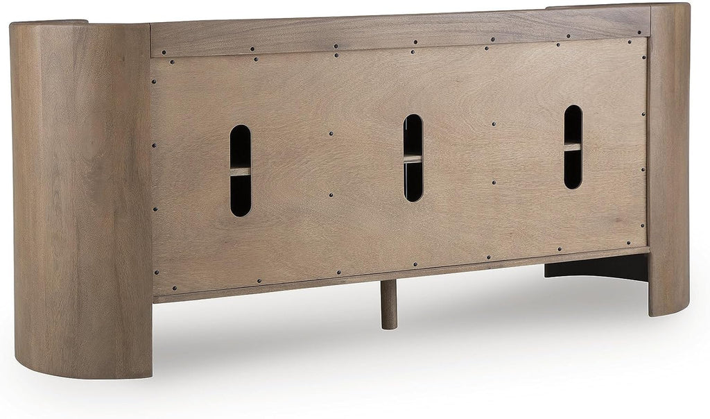 Signature Design by Ashley Modern Accent Cabinet, 66 in Credenza, Fitzroy | Solid mango wood sideboard, Mostly pre-assembled, 3 soft-close doors, Built-in cord management, Natural wood finish