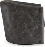 Signature Design by Ashley Swivel Black Faux Leather Accent Chair | Elegant tufted faux leather with brass nailheads, Hidden metal swivel base for effortless conversation, Brentlow Series